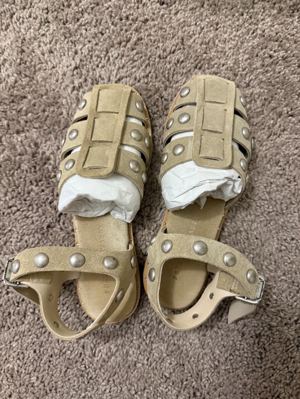 Freda Salvador Sera Fisherman Sandal in Stucco Suede with Silver Studs Size 5